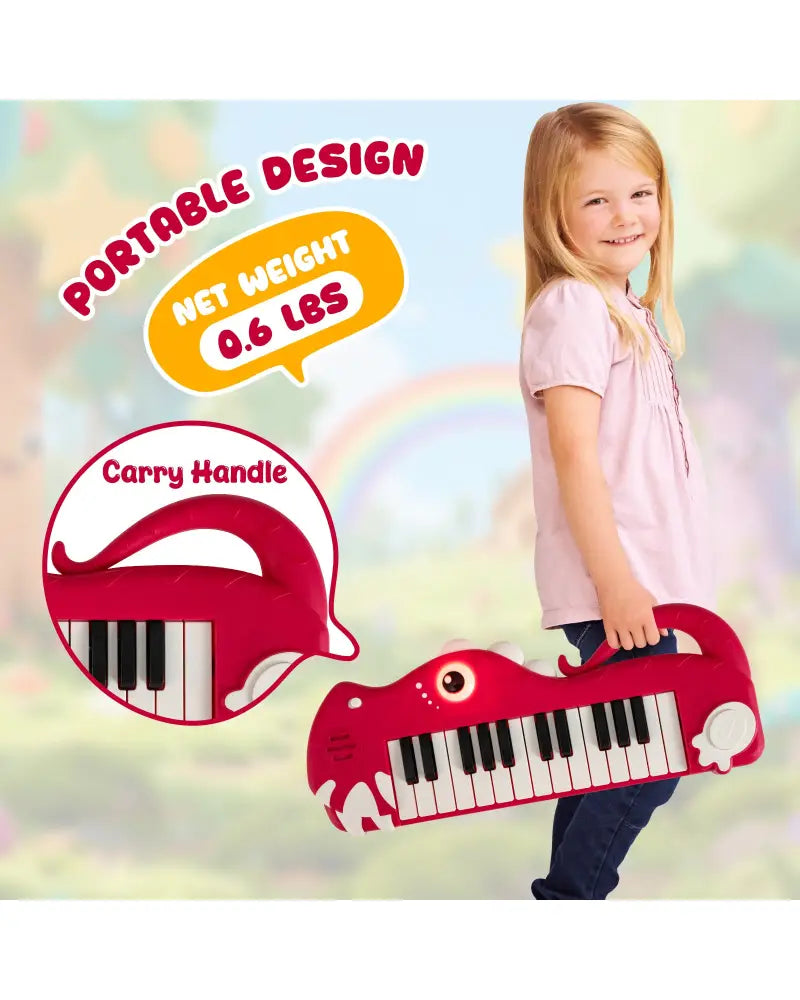 25-Key Kids Piano Keyboard Dinosaur Shape Toy Digital Piano with Built-in Music & Light-Red - Red - Pianos & Keyboards