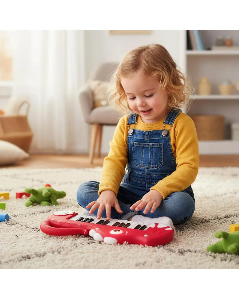 25-Key Kids Piano Keyboard Dinosaur Shape Toy Digital Piano with Built-in Music & Light-Red - Red - Pianos & Keyboards