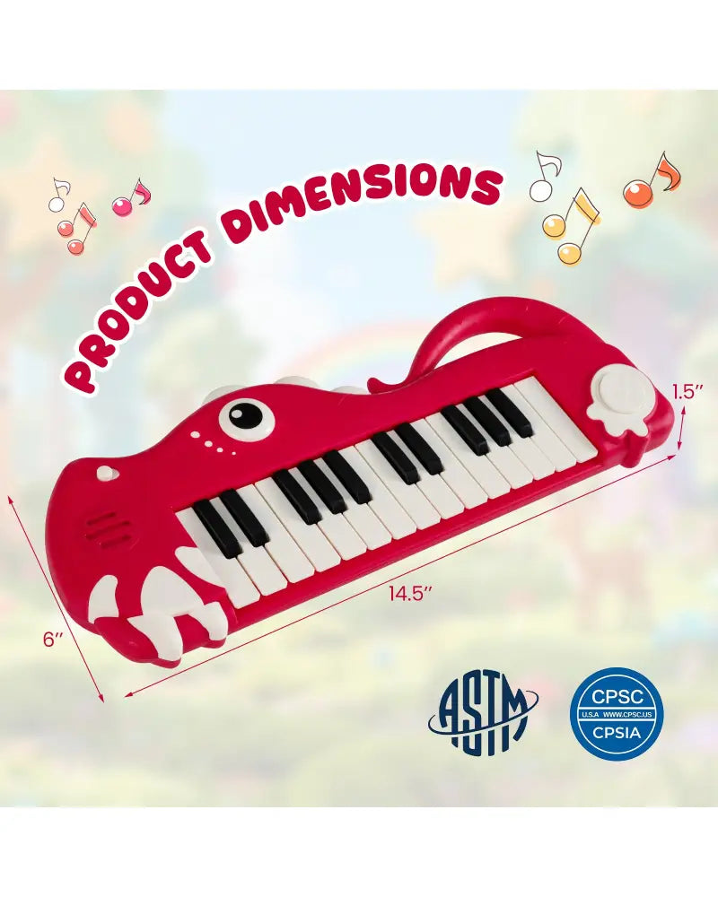 25-Key Kids Piano Keyboard Dinosaur Shape Toy Digital Piano with Built-in Music & Light-Red - Red - Pianos & Keyboards