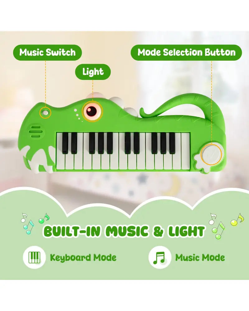 25-Key Kids Piano Keyboard Dinosaur Shape Toy Digital Piano with Built-in Music & Light-Green - Green - Pianos &
