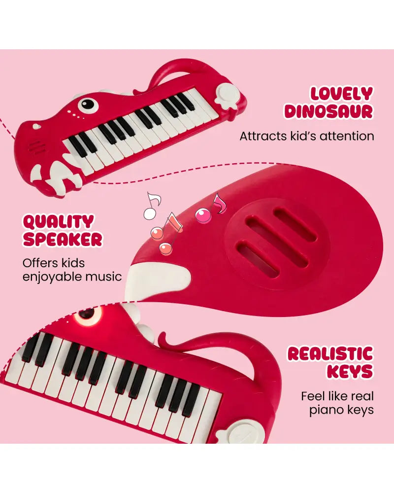 25-Key Kids Piano Keyboard Dinosaur Shape Toy Digital Piano with Built-in Music & Light-Red - Red - Pianos & Keyboards