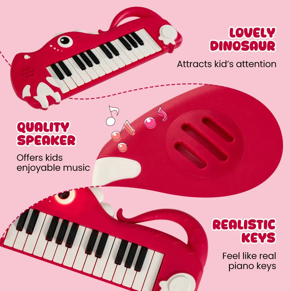 25-Key Kids Piano Keyboard Dinosaur Shape Toy Digital Piano with Built-in Music & Light-Red - Red - Pianos & Keyboards