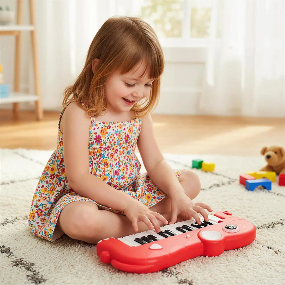 25-Key Kids Piano Keyboard Elephant Shape Toy Digital Piano with Built-in Music and Light-Red - Red - Pianos & Keyboards