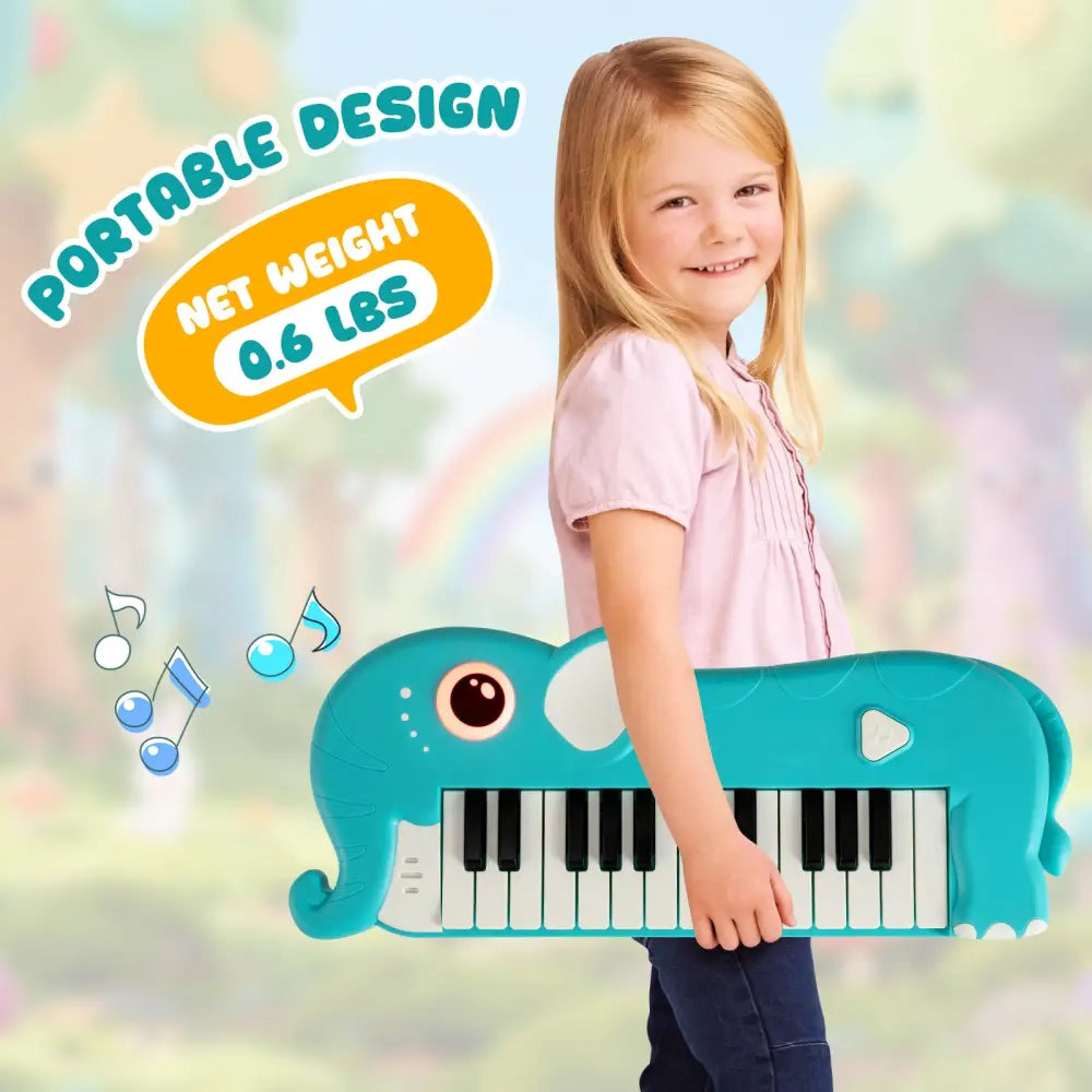 25-Key Kids Piano Keyboard Elephant Shape Toy Digital Piano with Built-in Music and Light-Blue - Blue - Pianos &