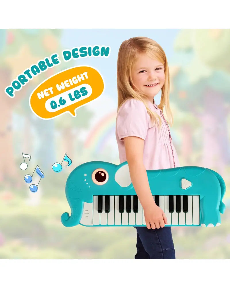 25-Key Kids Piano Keyboard Elephant Shape Toy Digital Piano with Built-in Music and Light-Blue - Blue - Pianos &