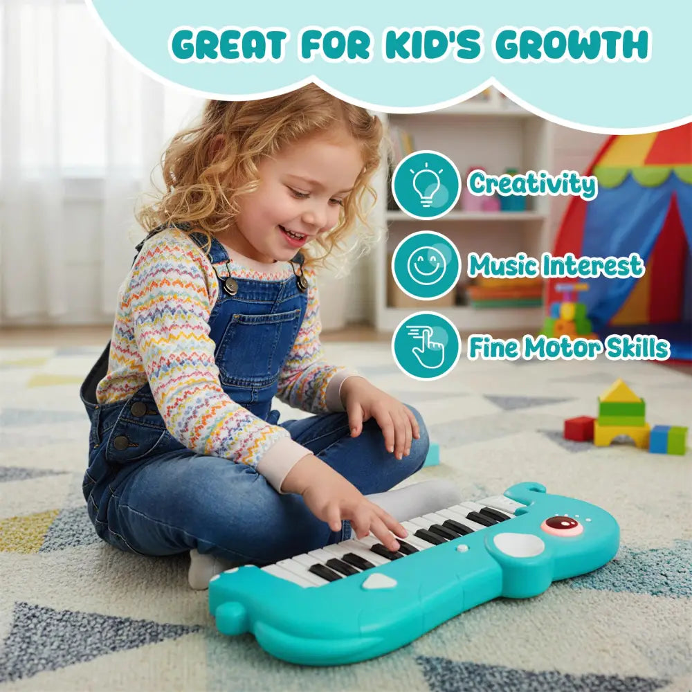 25-Key Kids Piano Keyboard Elephant Shape Toy Digital Piano with Built-in Music and Light-Blue - Blue - Pianos &
