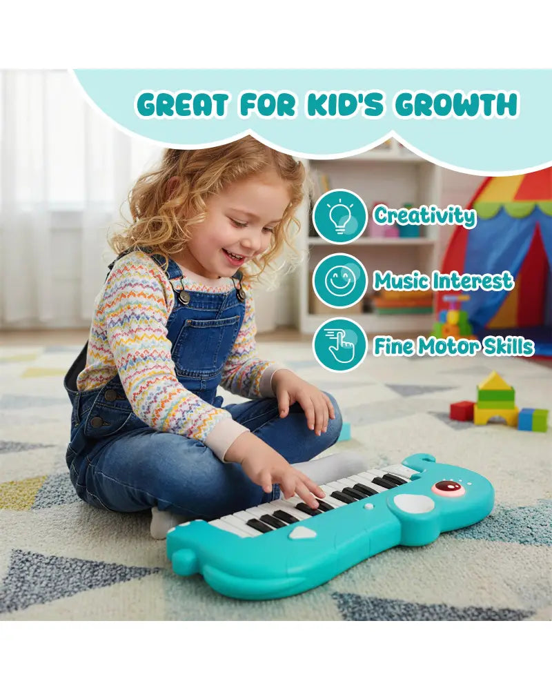 25-Key Kids Piano Keyboard Elephant Shape Toy Digital Piano with Built-in Music and Light-Blue - Blue - Pianos &