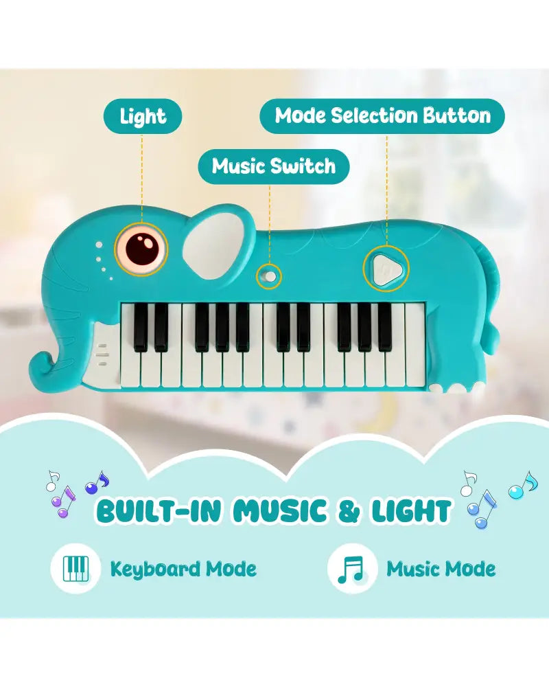 25-Key Kids Piano Keyboard Elephant Shape Toy Digital Piano with Built-in Music and Light-Blue - Blue - Pianos &