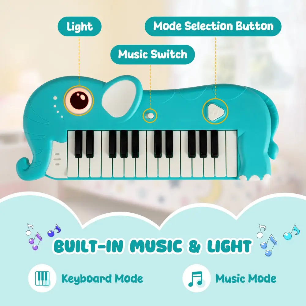 25-Key Kids Piano Keyboard Elephant Shape Toy Digital Piano with Built-in Music and Light-Blue - Blue - Pianos &