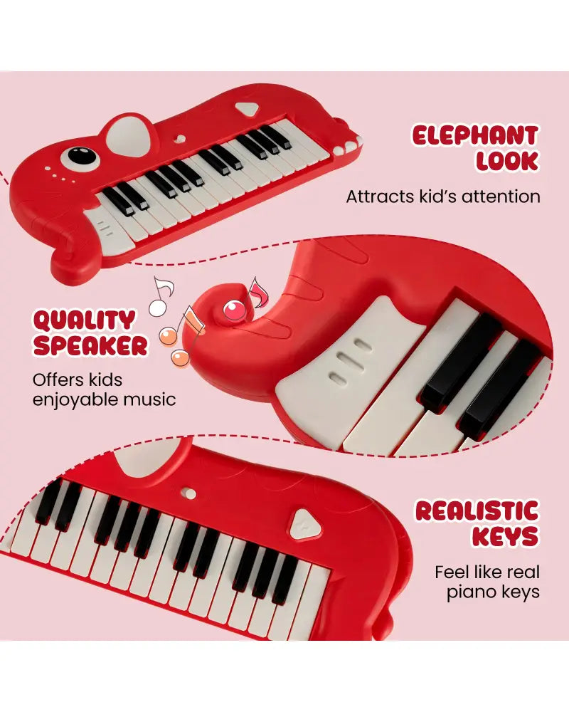 25-Key Kids Piano Keyboard Elephant Shape Toy Digital Piano with Built-in Music and Light-Red - Red - Pianos & Keyboards