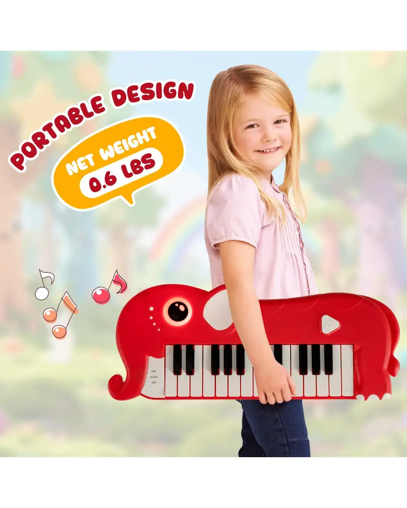 25-Key Kids Piano Keyboard Elephant Shape Toy Digital Piano with Built-in Music and Light-Red - Red - Pianos & Keyboards