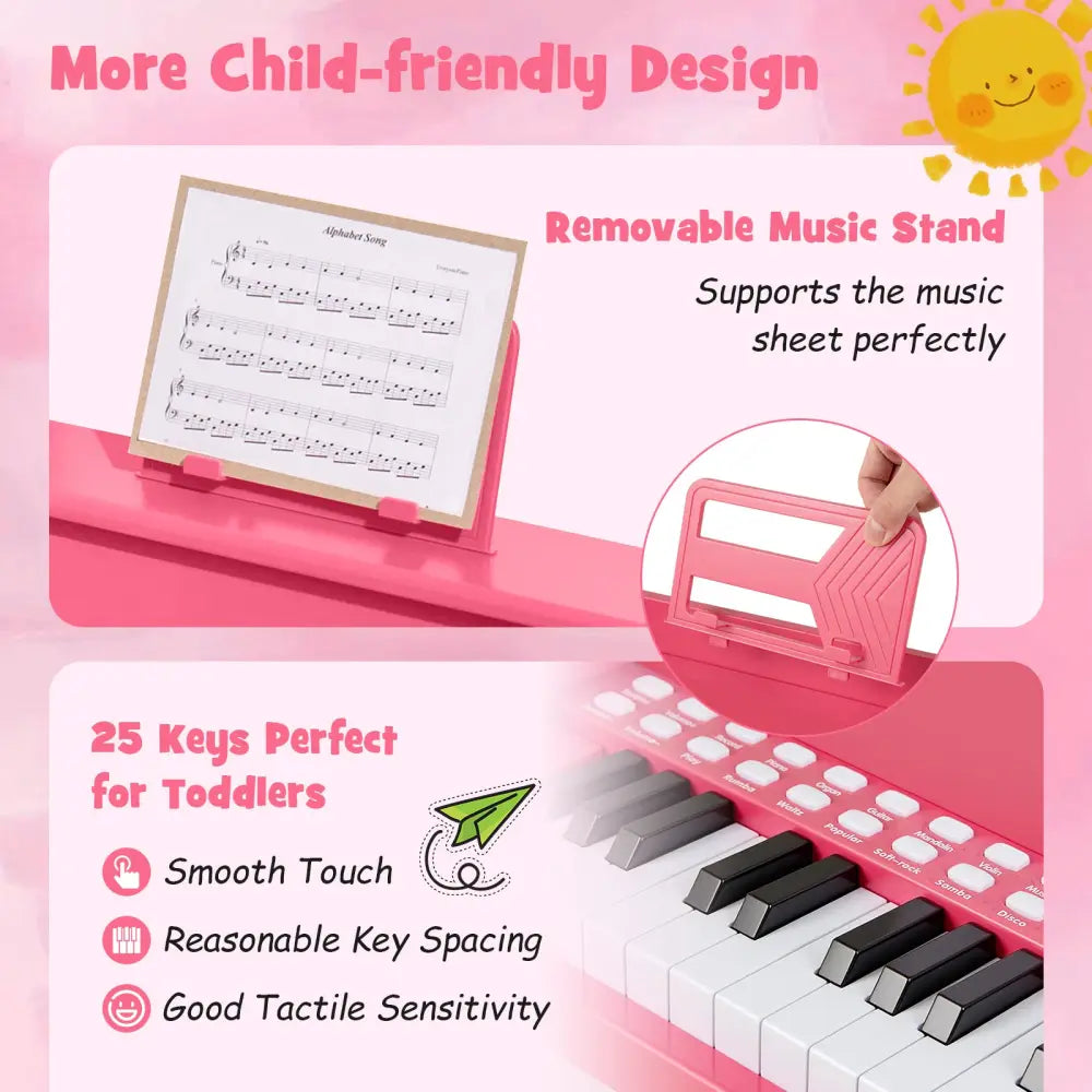 25 Keys Kids Piano Keyboard with Adjustable Speed and Teaching Mode-Pink - Pink - Pianos & Keyboards