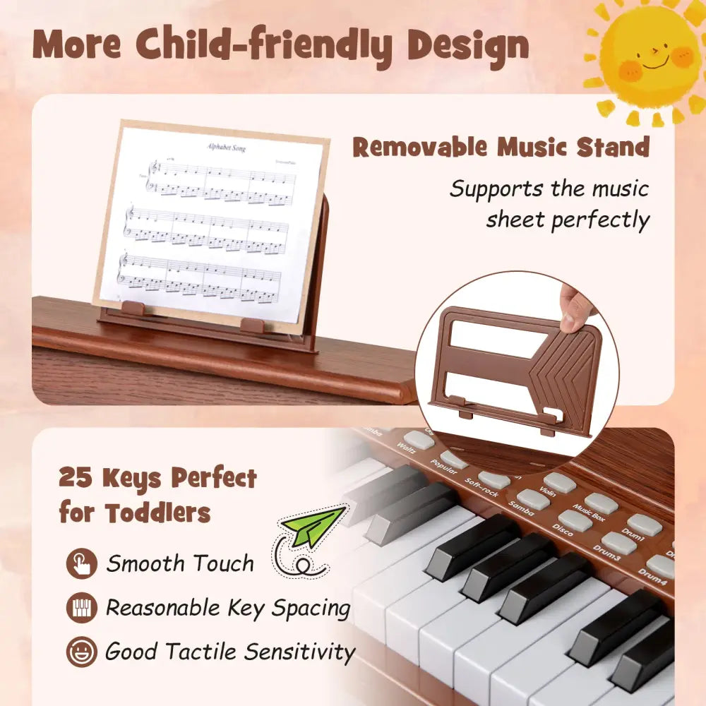 25 Keys Kids Piano Keyboard with Adjustable Speed and Teaching Mode-Brown - Brown - Pianos & Keyboards