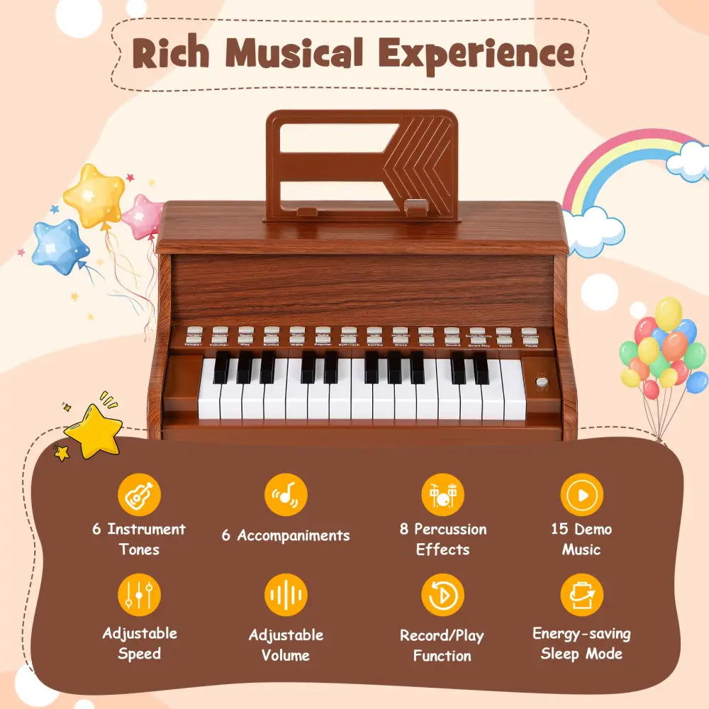 25 Keys Kids Piano Keyboard with Adjustable Speed and Teaching Mode-Brown - Brown - Pianos & Keyboards