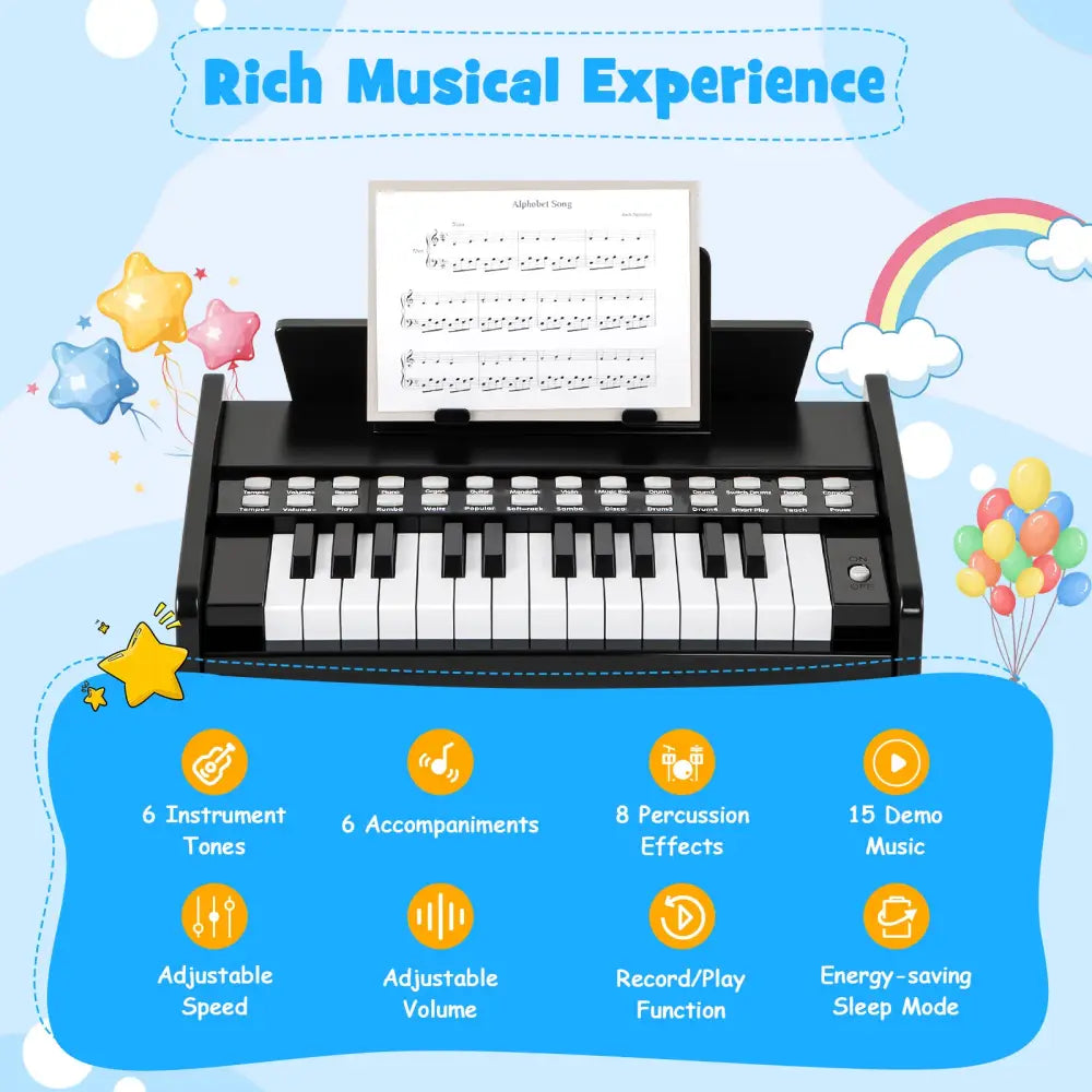 25 Keys Kids Piano Keyboard with Adjustable Speed and Volume-Black - Black - Pianos & Keyboards