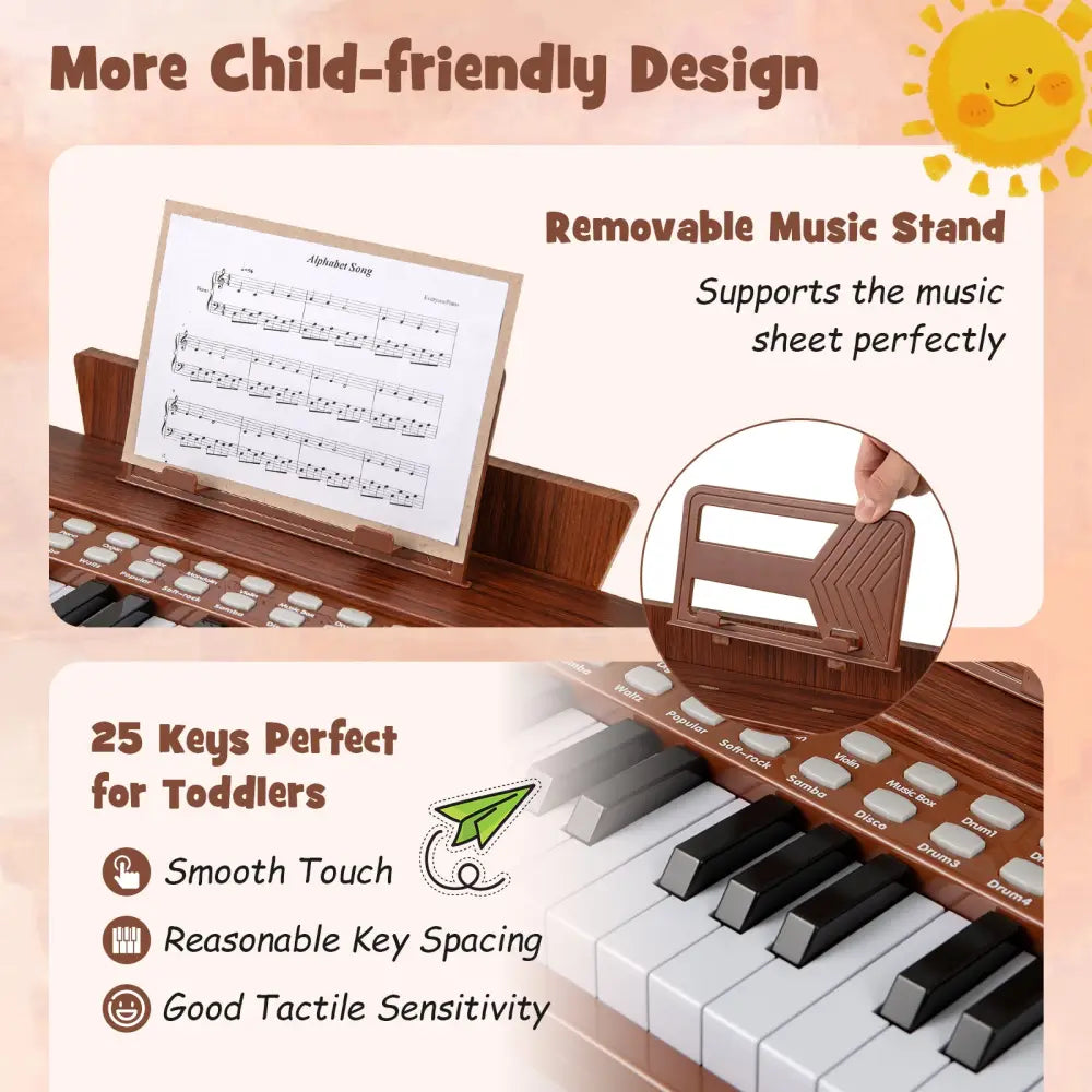 25 Keys Kids Piano Keyboard with Adjustable Speed and Volume-Brown - Brown - Pianos & Keyboards
