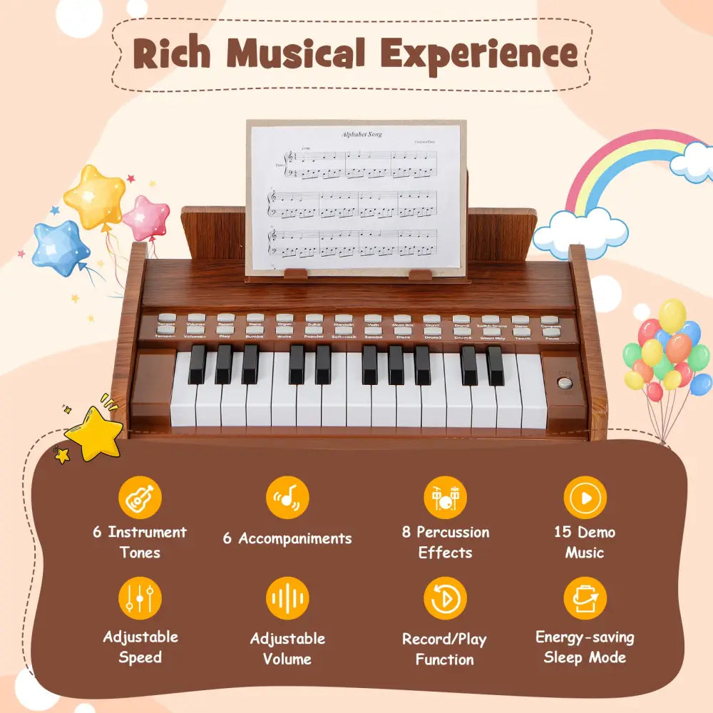25 Keys Kids Piano Keyboard with Adjustable Speed and Volume-Brown - Brown - Pianos & Keyboards