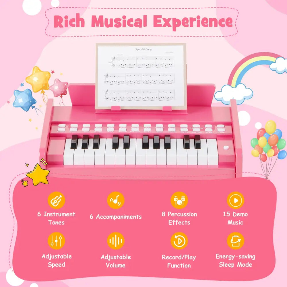 25 Keys Kids Piano Keyboard with Adjustable Speed and Volume-Pink - Pink - Pianos & Keyboards