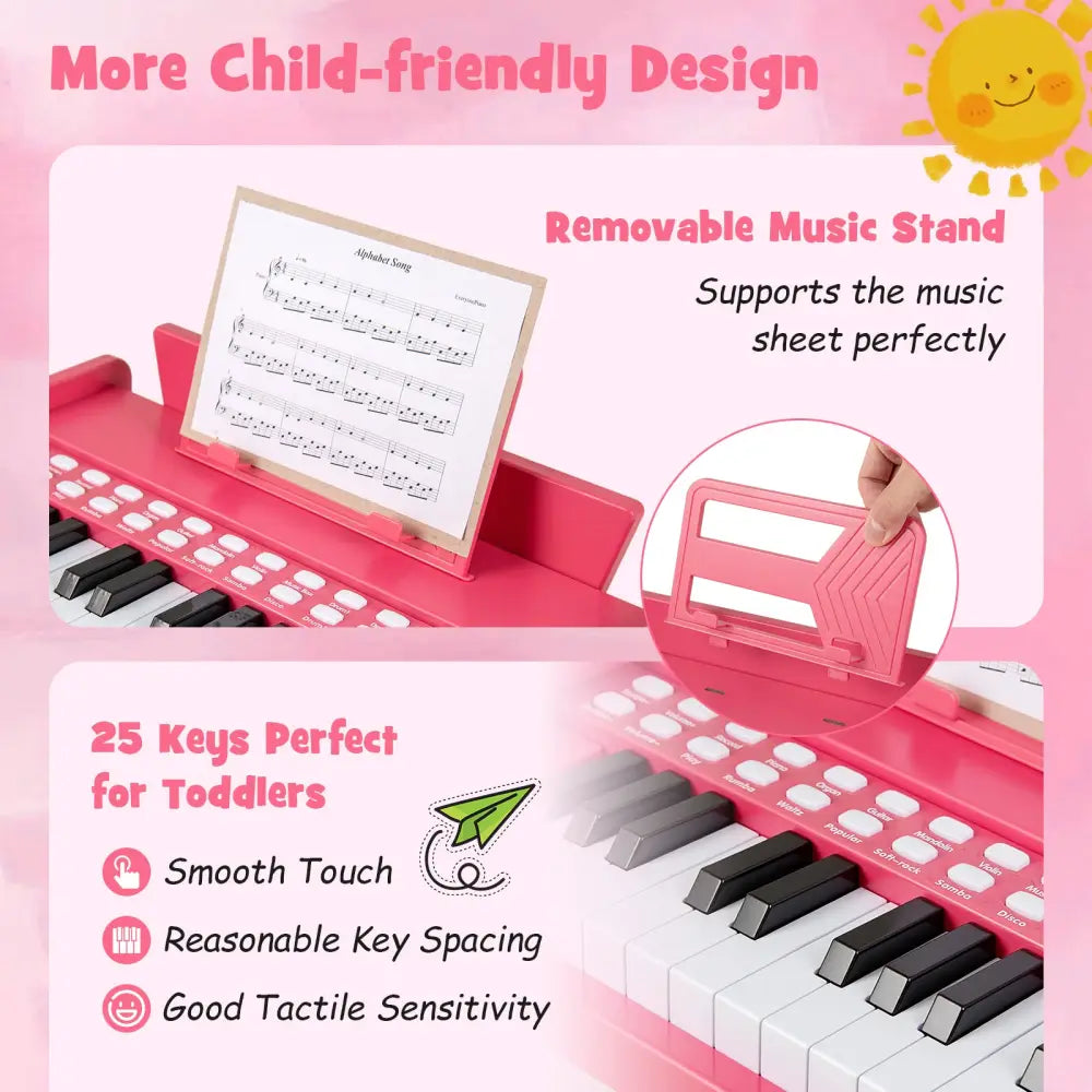 25 Keys Kids Piano Keyboard with Adjustable Speed and Volume-Pink - Pink - Pianos & Keyboards