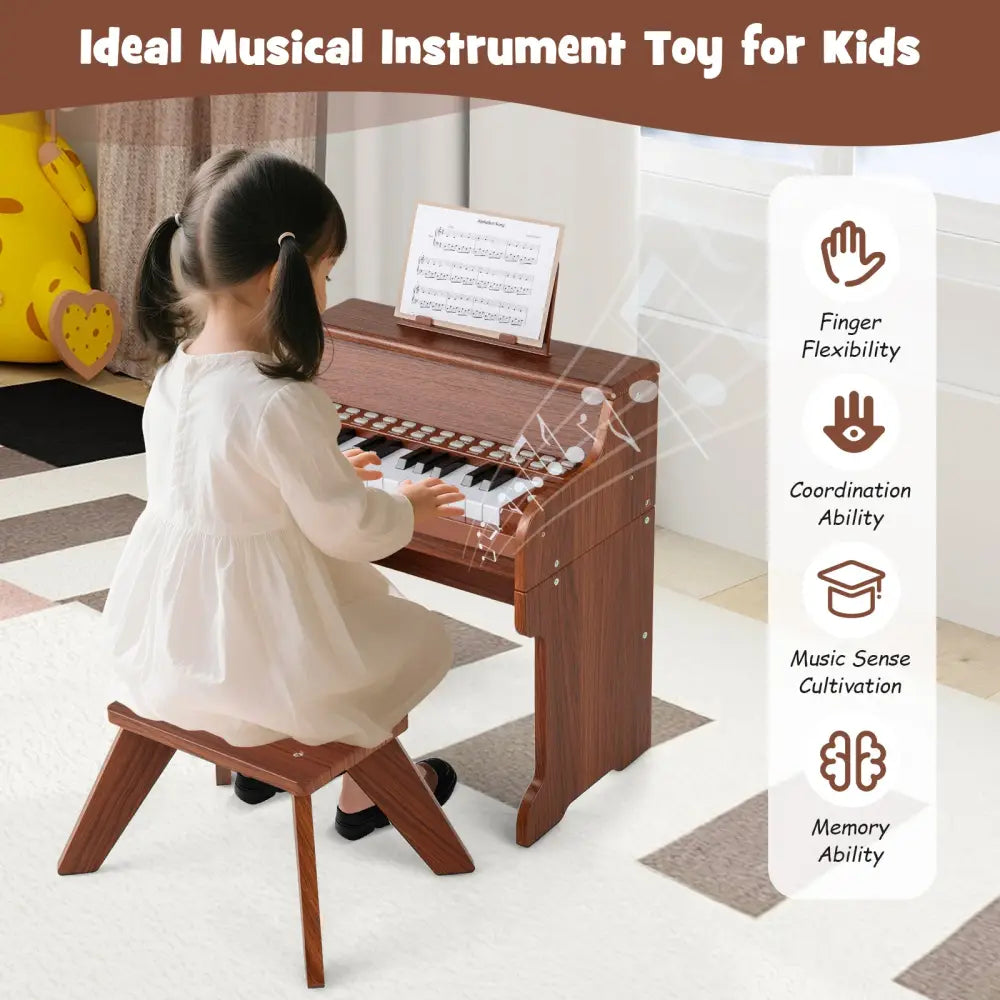 25 Keys Kids Piano Keyboard with Stool Mini Digital Piano Wooden Toy with Adjustable Speed and Volume-Brown - Brown