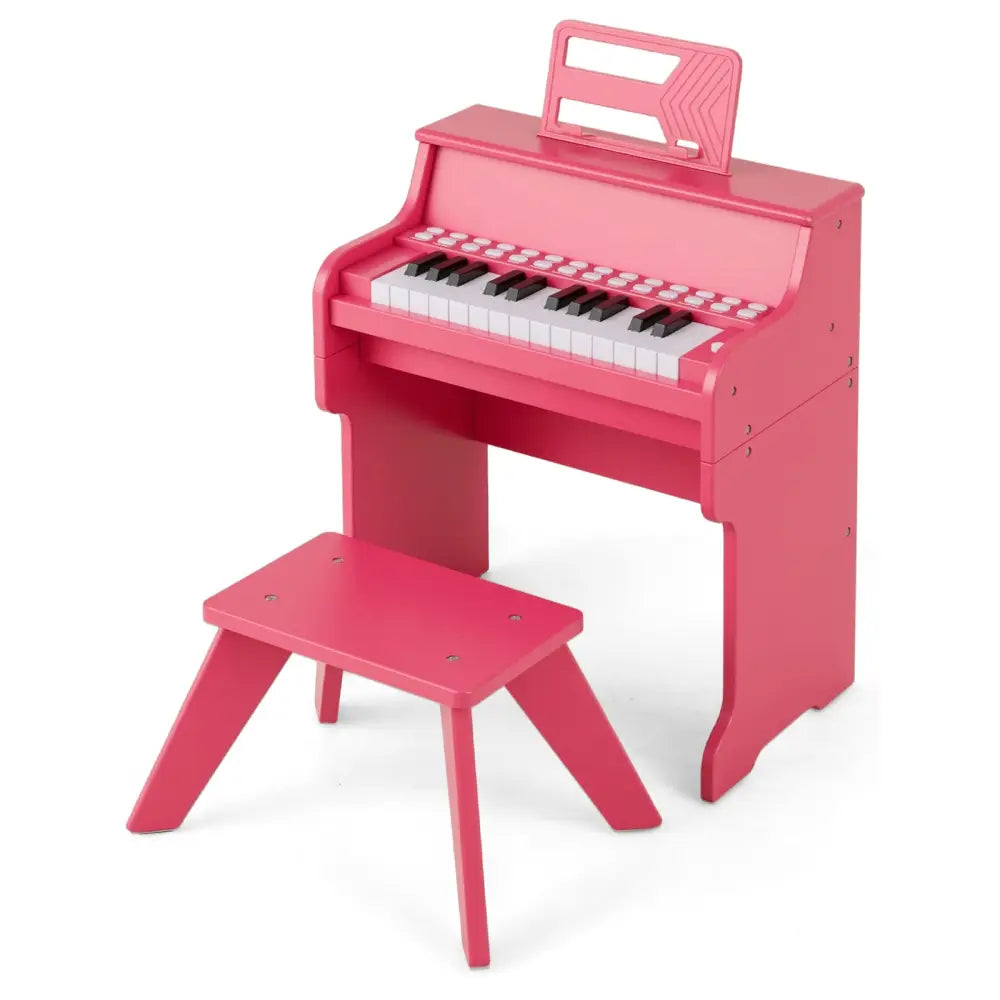 25 Keys Kids Piano Keyboard with Stool Mini Digital Piano Wooden Toy with Adjustable Speed and Volume-Pink - Pink
