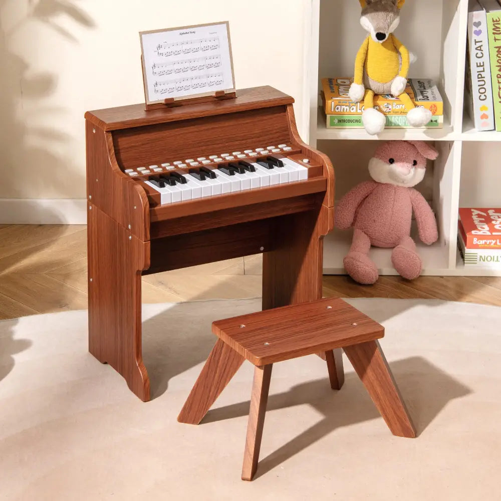 25 Keys Kids Piano Keyboard with Stool Mini Digital Piano Wooden Toy with Adjustable Speed and Volume-Brown - Brown