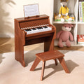 25 Keys Kids Piano Keyboard with Stool Mini Digital Piano Wooden Toy with Adjustable Speed and Volume-Brown - Brown