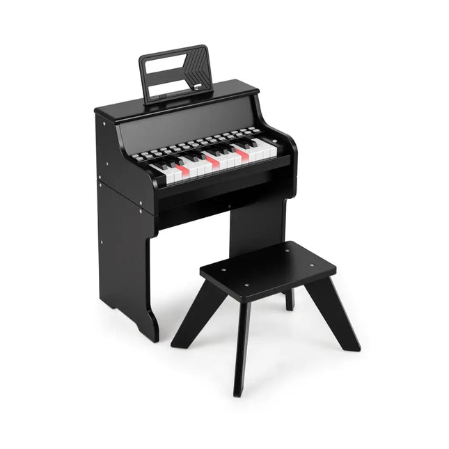 25 Keys Kids Piano Keyboard with Stool Mini Digital Piano Wooden Toy with Adjustable Speed and Volume-Black - Black