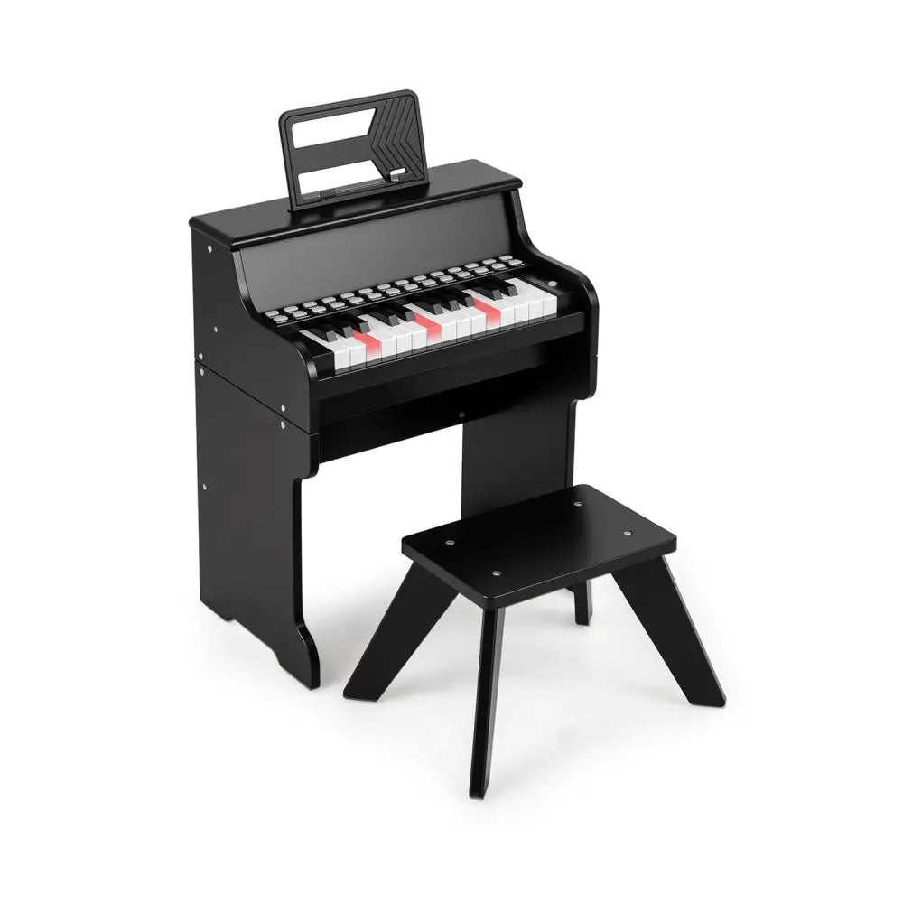 25 Keys Kids Piano Keyboard with Stool Mini Digital Piano Wooden Toy with Adjustable Speed and Volume-Black - Black