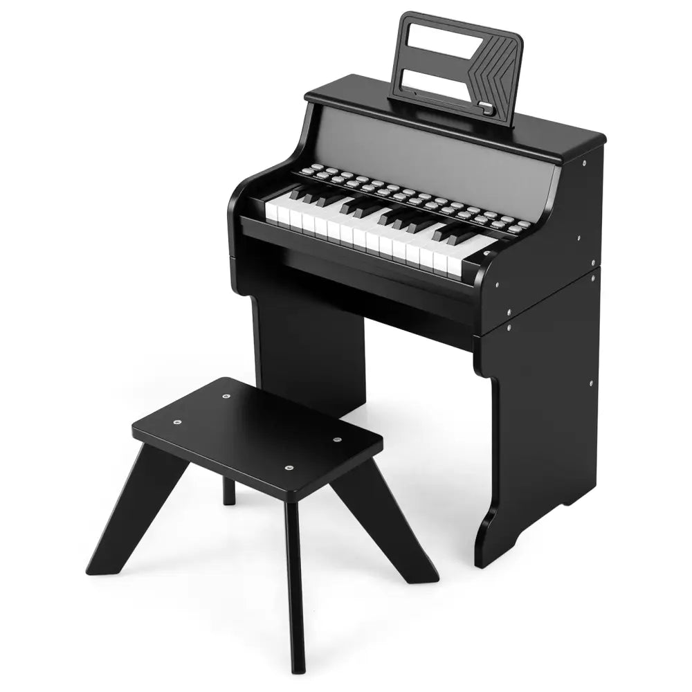 25 Keys Kids Piano Keyboard with Stool Mini Digital Piano Wooden Toy with Adjustable Speed and Volume-Black - Black