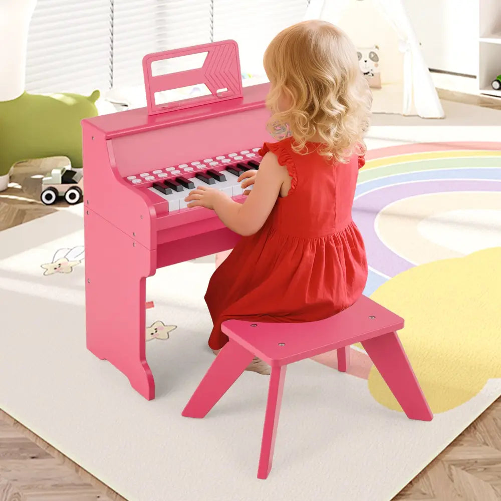 25 Keys Kids Piano Keyboard with Stool Mini Digital Piano Wooden Toy with Adjustable Speed and Volume-Pink - Pink