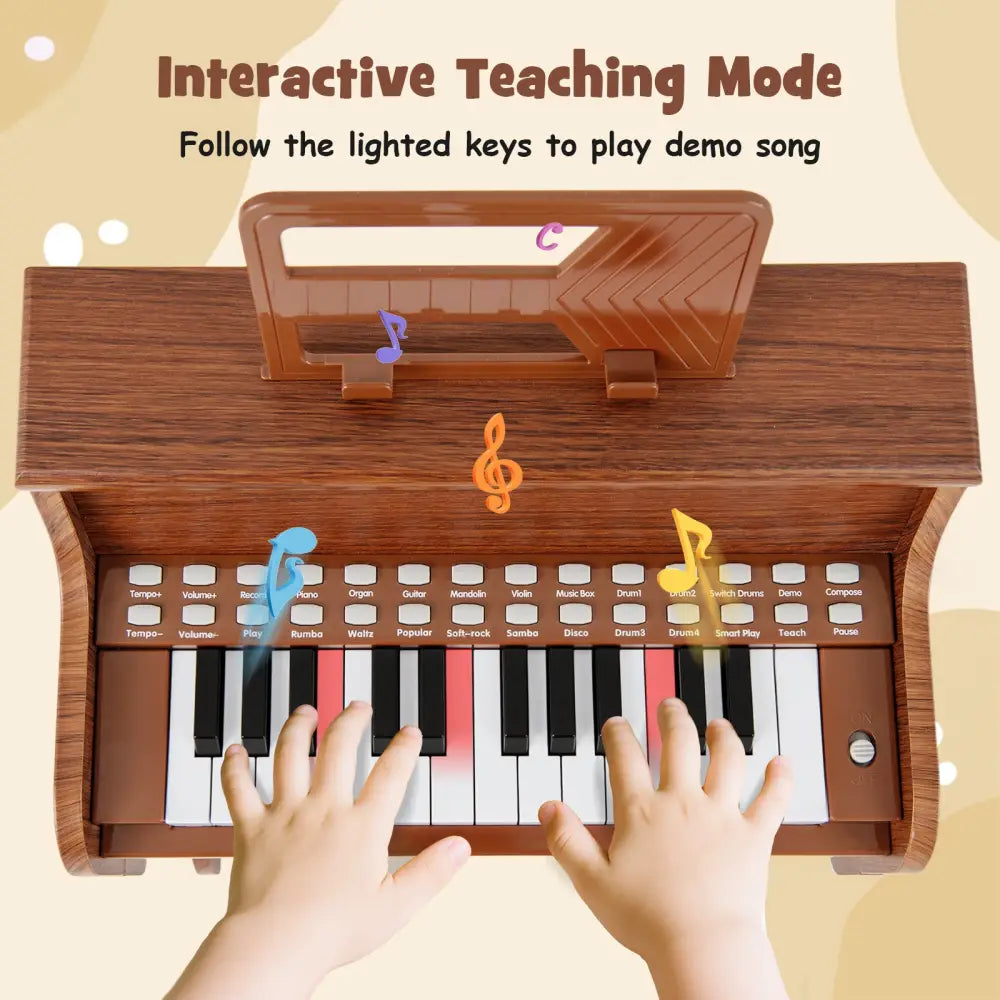 25 Keys Kids Piano Keyboard with Stool Mini Digital Piano Wooden Toy with Adjustable Speed and Volume-Brown - Brown