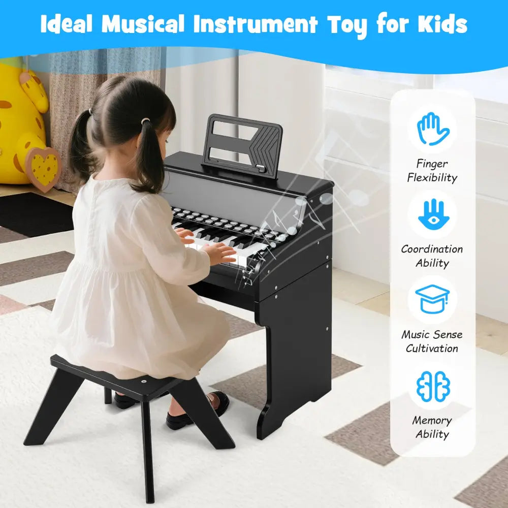 25 Keys Kids Piano Keyboard with Stool Mini Digital Piano Wooden Toy with Adjustable Speed and Volume-Black - Black