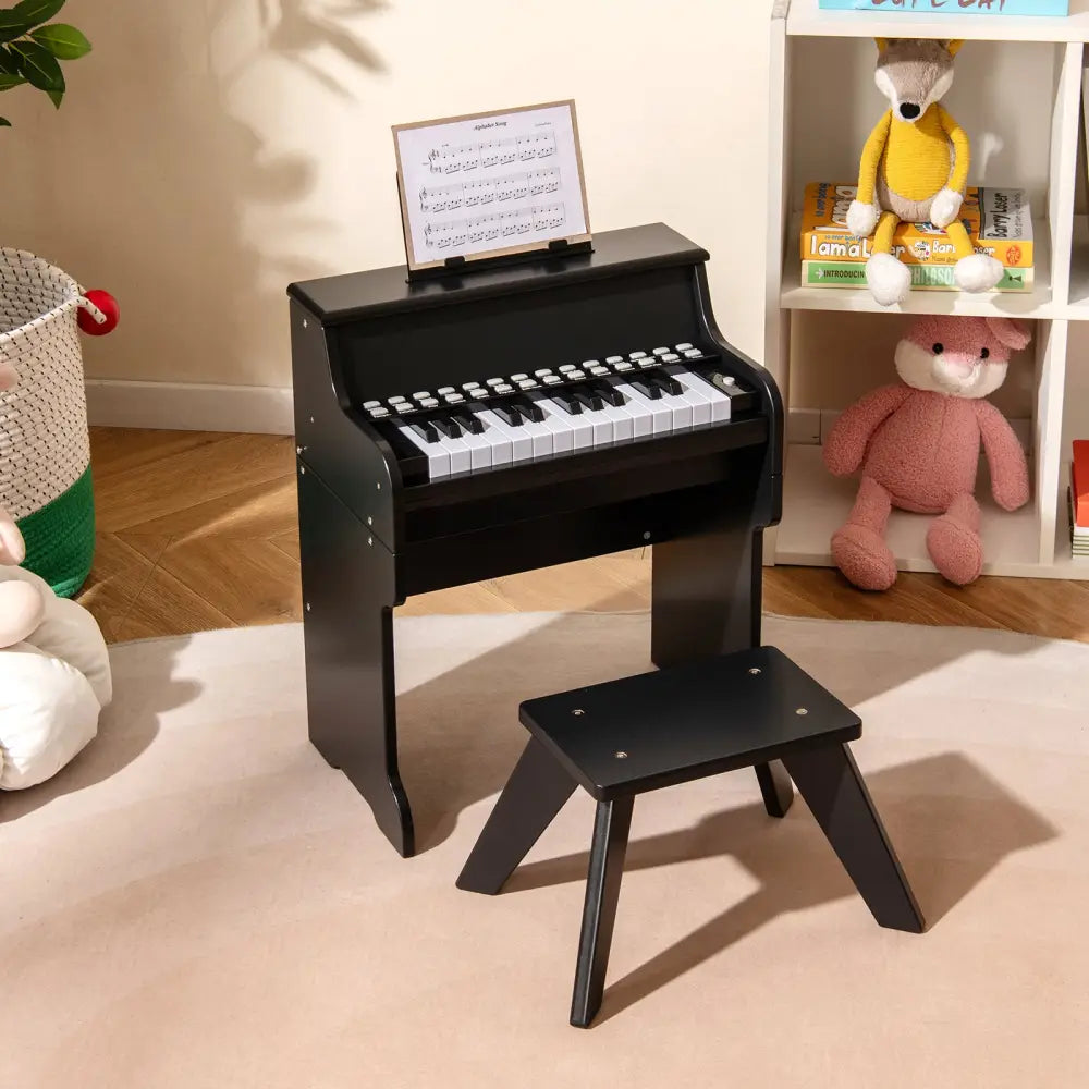 25 Keys Kids Piano Keyboard with Stool Mini Digital Piano Wooden Toy with Adjustable Speed and Volume-Black - Black