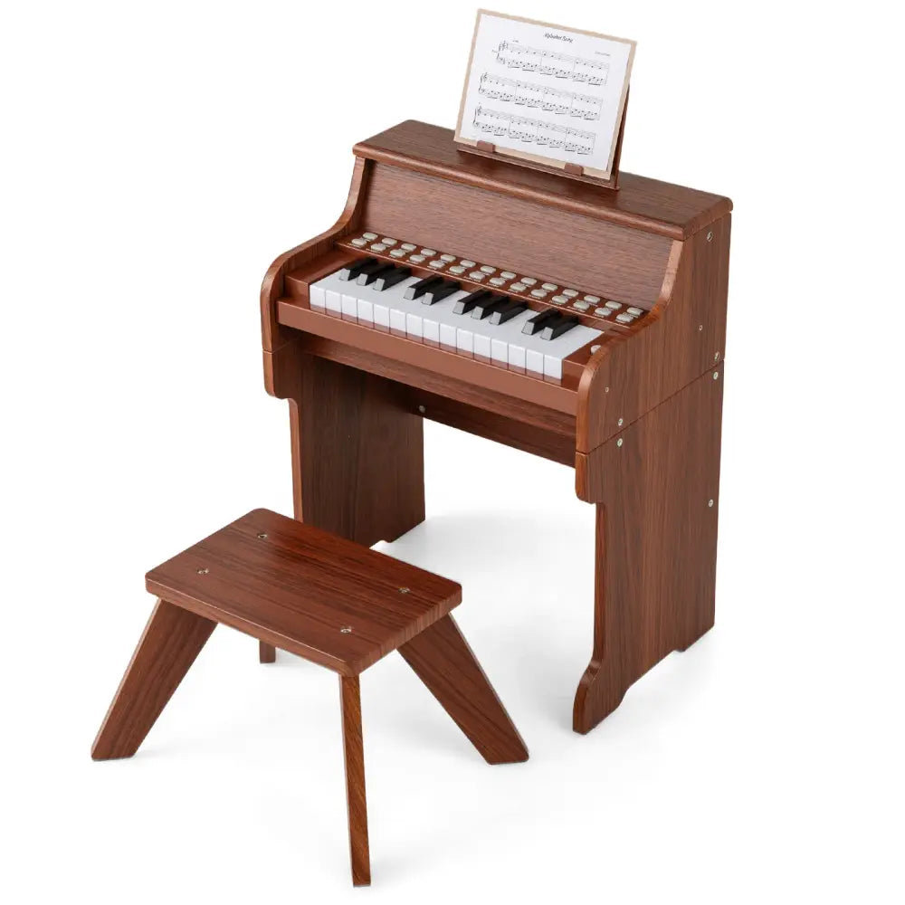 25 Keys Kids Piano Keyboard with Stool Mini Digital Piano Wooden Toy with Adjustable Speed and Volume-Brown - Brown