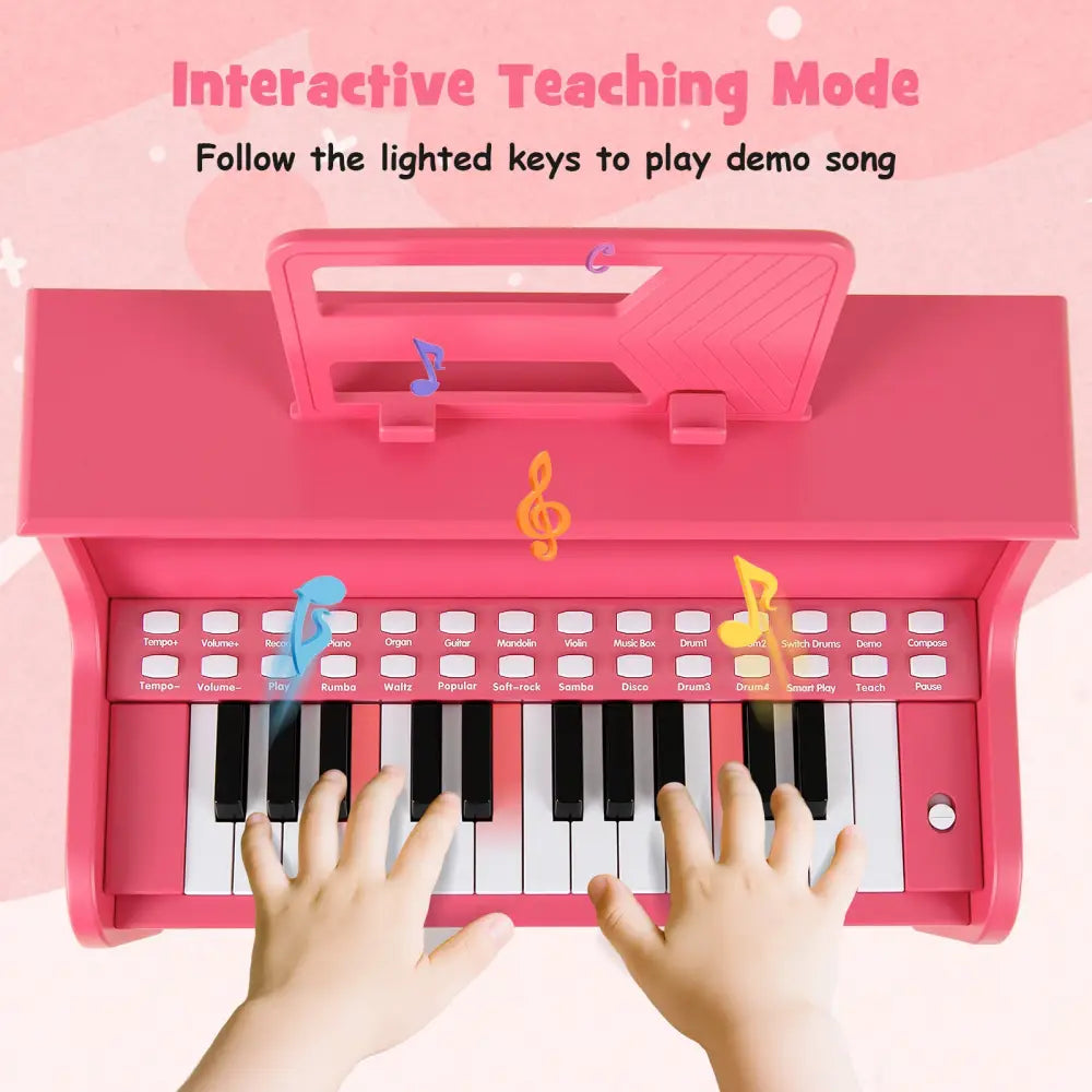 25 Keys Kids Piano Keyboard with Stool Mini Digital Piano Wooden Toy with Adjustable Speed and Volume-Pink - Pink