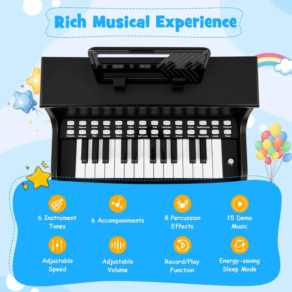 25 Keys Kids Piano Keyboard with Stool Mini Digital Piano Wooden Toy with Adjustable Speed and Volume-Black - Black