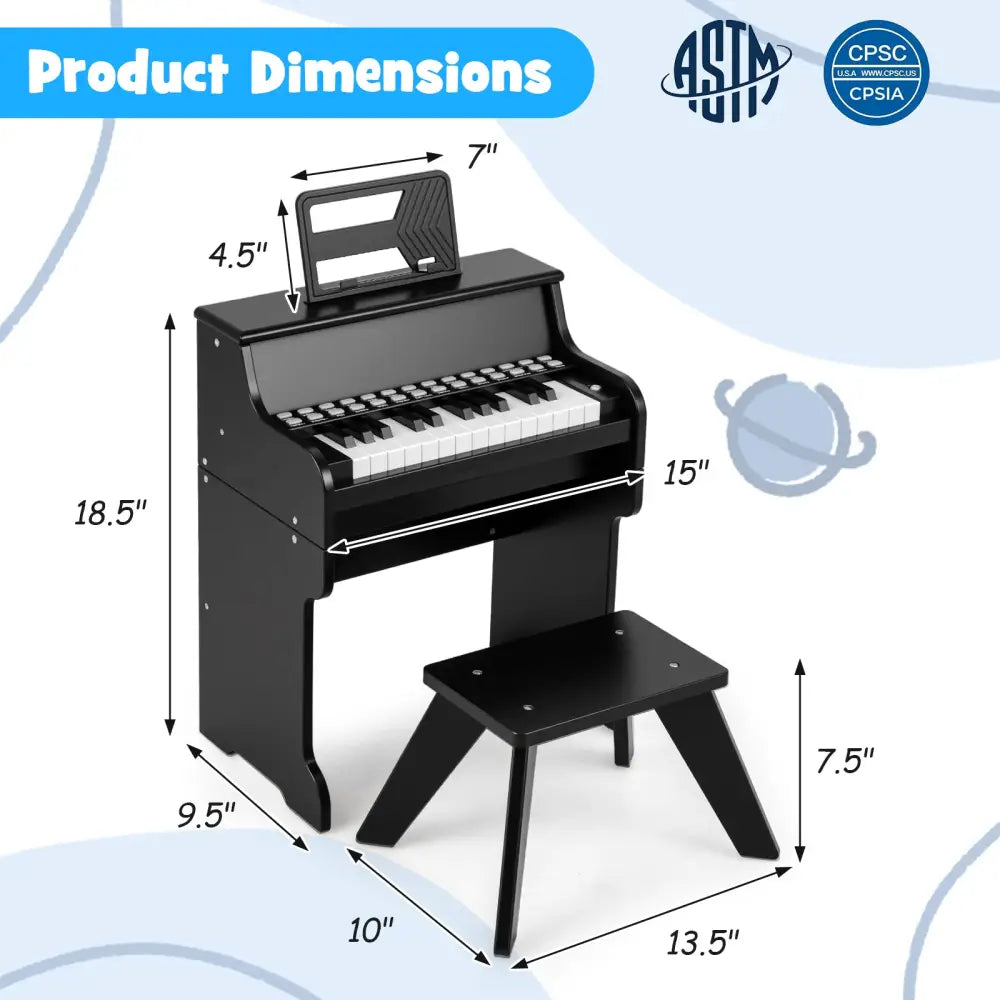 25 Keys Kids Piano Keyboard with Stool Mini Digital Piano Wooden Toy with Adjustable Speed and Volume-Black - Black