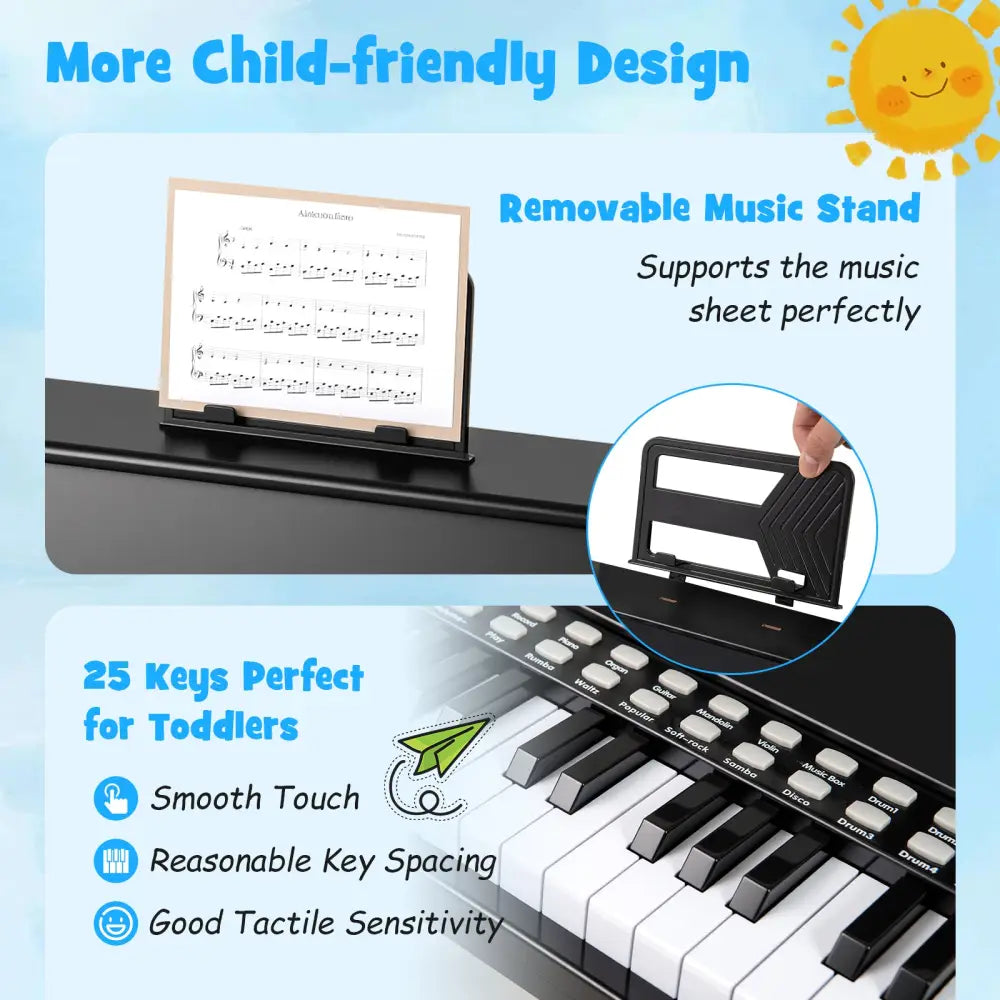 25 Keys Kids Piano Keyboard with Stool Mini Digital Piano Wooden Toy with Adjustable Speed and Volume-Black - Black