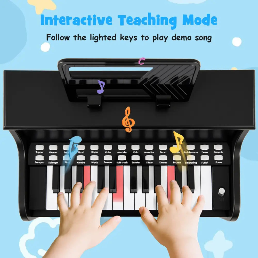 25 Keys Kids Piano Keyboard with Stool Mini Digital Piano Wooden Toy with Adjustable Speed and Volume-Black - Black