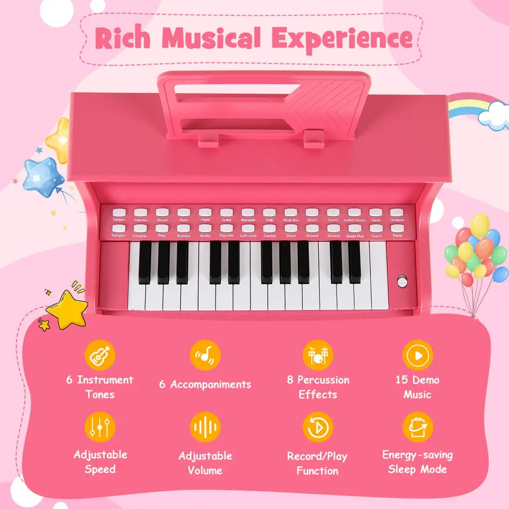25 Keys Kids Piano Keyboard with Stool Mini Digital Piano Wooden Toy with Adjustable Speed and Volume-Pink - Pink
