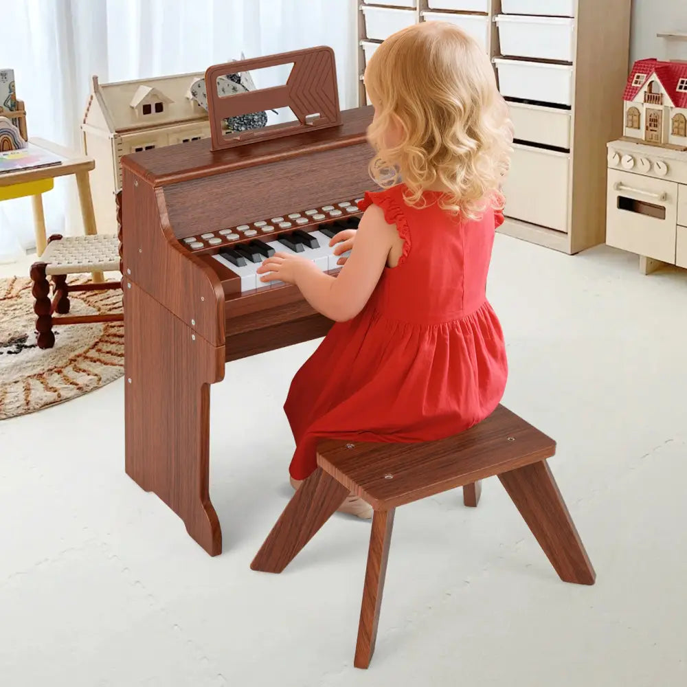 25 Keys Kids Piano Keyboard with Stool Mini Digital Piano Wooden Toy with Adjustable Speed and Volume-Brown - Brown