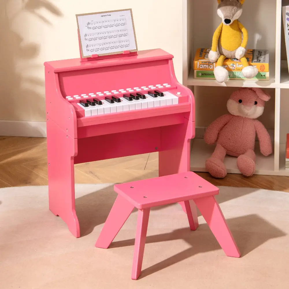25 Keys Kids Piano Keyboard with Stool Mini Digital Piano Wooden Toy with Adjustable Speed and Volume-Pink - Pink