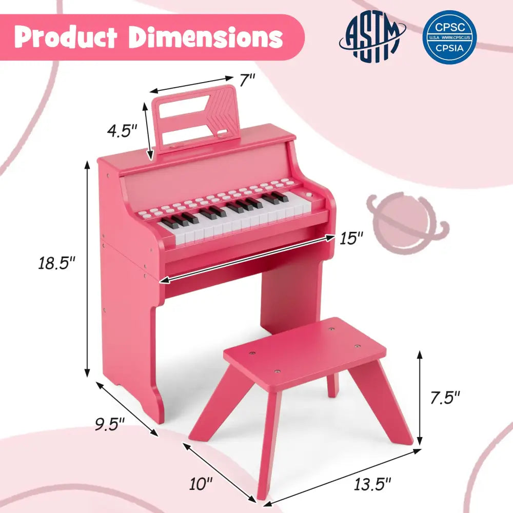 25 Keys Kids Piano Keyboard with Stool Mini Digital Piano Wooden Toy with Adjustable Speed and Volume-Pink - Pink