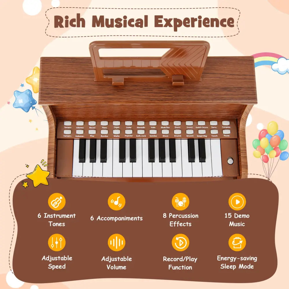 25 Keys Kids Piano Keyboard with Stool Mini Digital Piano Wooden Toy with Adjustable Speed and Volume-Brown - Brown