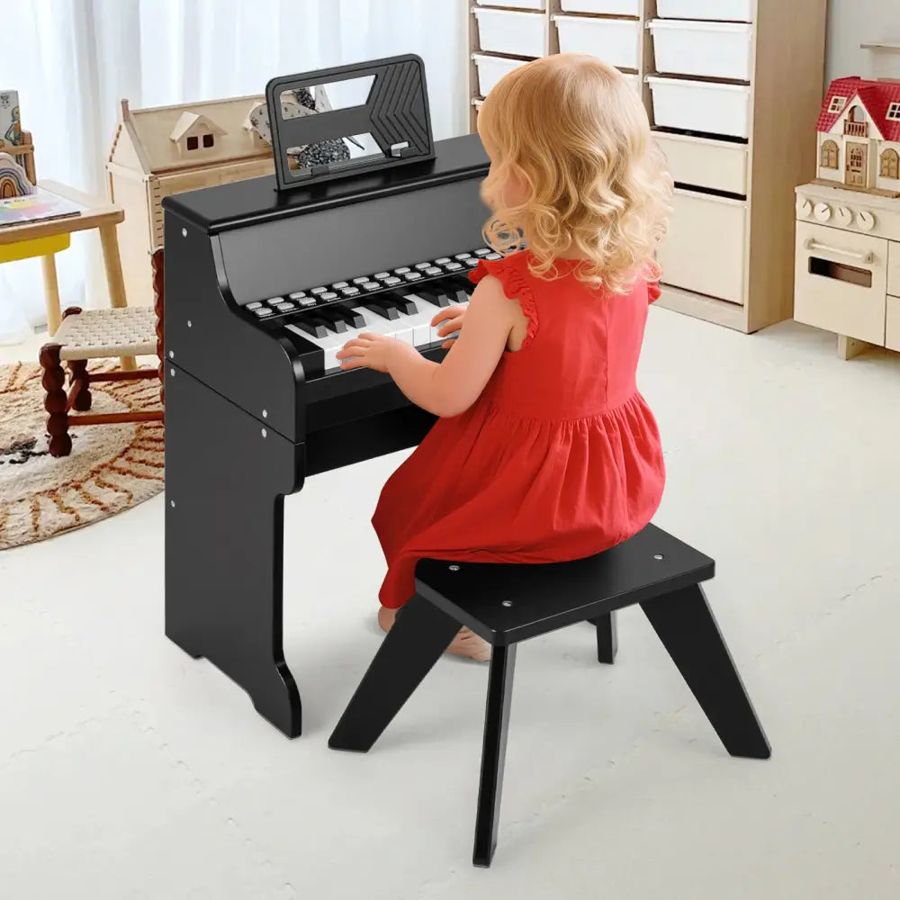 25 Keys Kids Piano Keyboard with Stool Mini Digital Piano Wooden Toy with Adjustable Speed and Volume-Black - Black