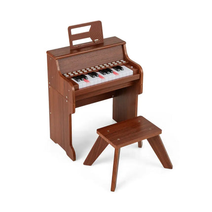25 Keys Kids Piano Keyboard with Stool Mini Digital Piano Wooden Toy with Adjustable Speed and Volume-Brown - Brown