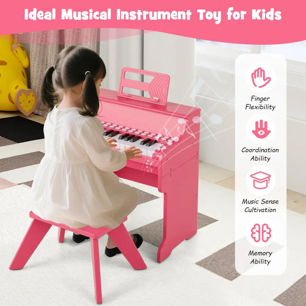 25 Keys Kids Piano Keyboard with Stool Mini Digital Piano Wooden Toy with Adjustable Speed and Volume-Pink - Pink