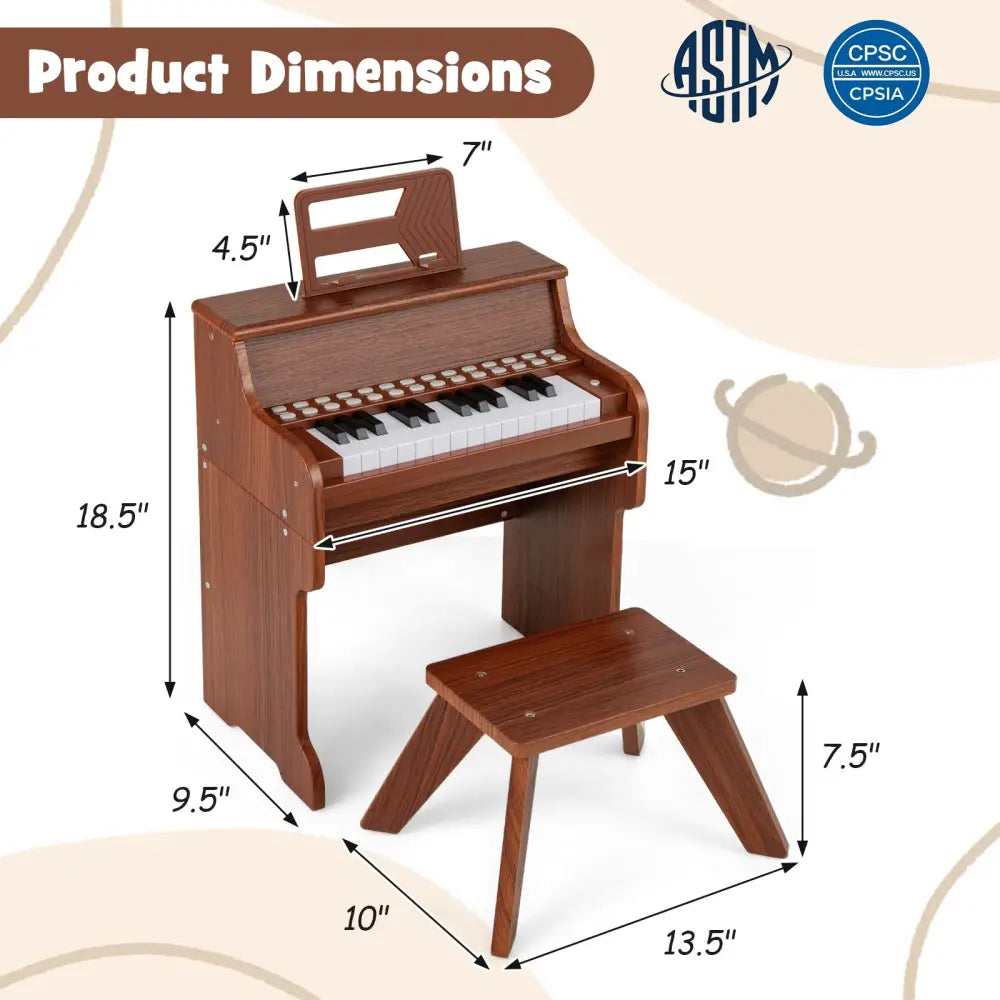 25 Keys Kids Piano Keyboard with Stool Mini Digital Piano Wooden Toy with Adjustable Speed and Volume-Brown - Brown