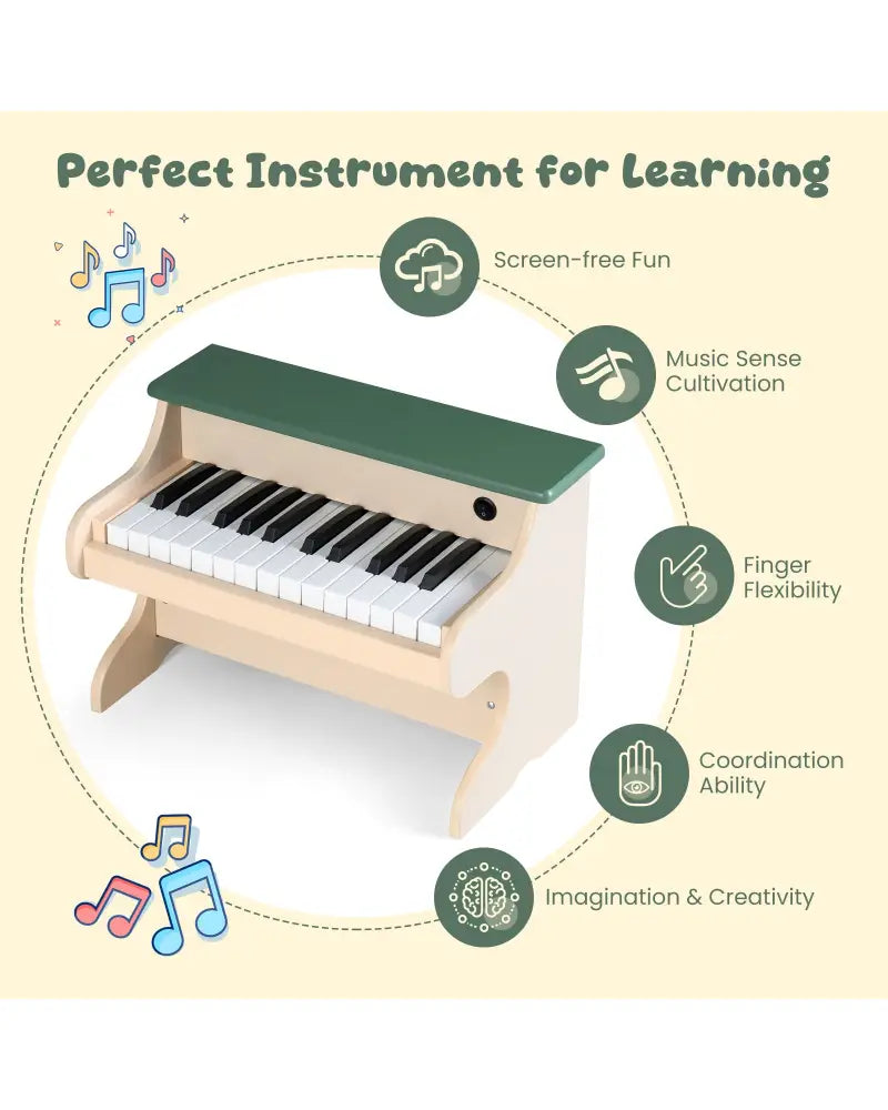 25 Keys Kids Piano Keyboard Wooden Digital Piano Toy with Removable Music Stand-Green - Green - Pianos & Keyboards